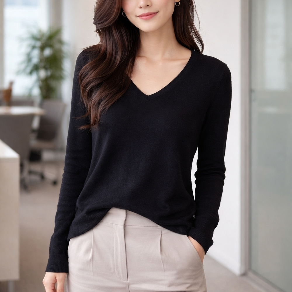 Babaton Black V-Neck Lightweight Sweater Size XXS | Wool Blend Long Sleeve